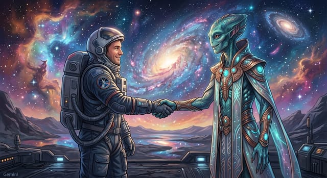 Всемирный день контакта — открытка, нарисованная нейросетью Gemini