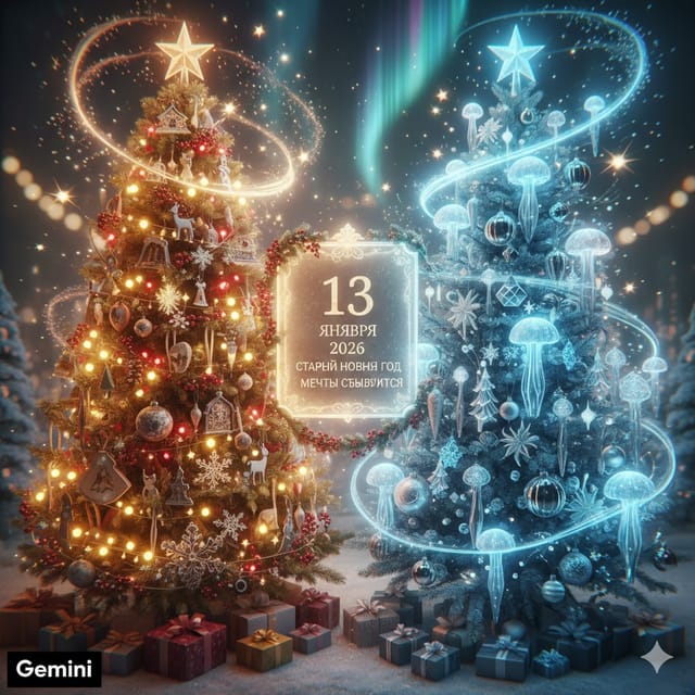Старый Новый год — открытка, нарисованная нейросетью Gemini