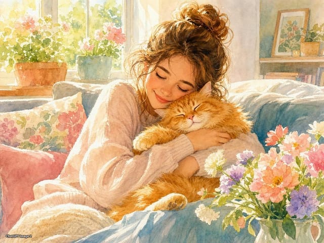 Международный день обниманий с кошками — открытка, нарисованная нейросетью ChatGPT