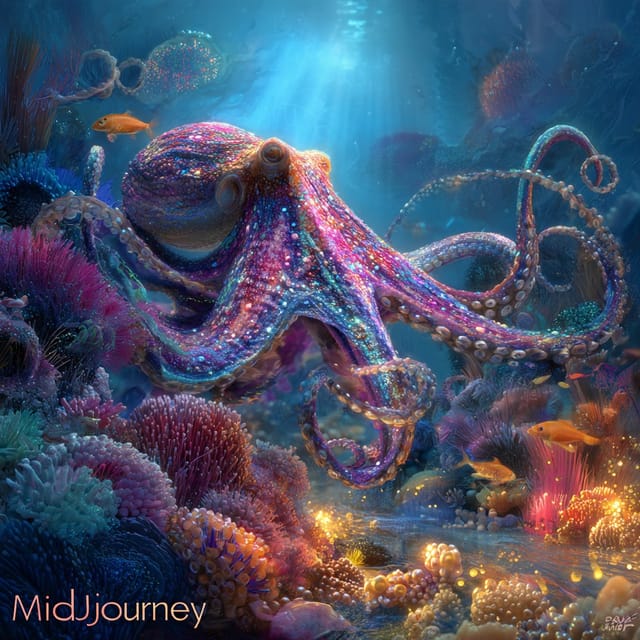 Всемирный день осьминога — открытка, нарисованная нейросетью Midjourney